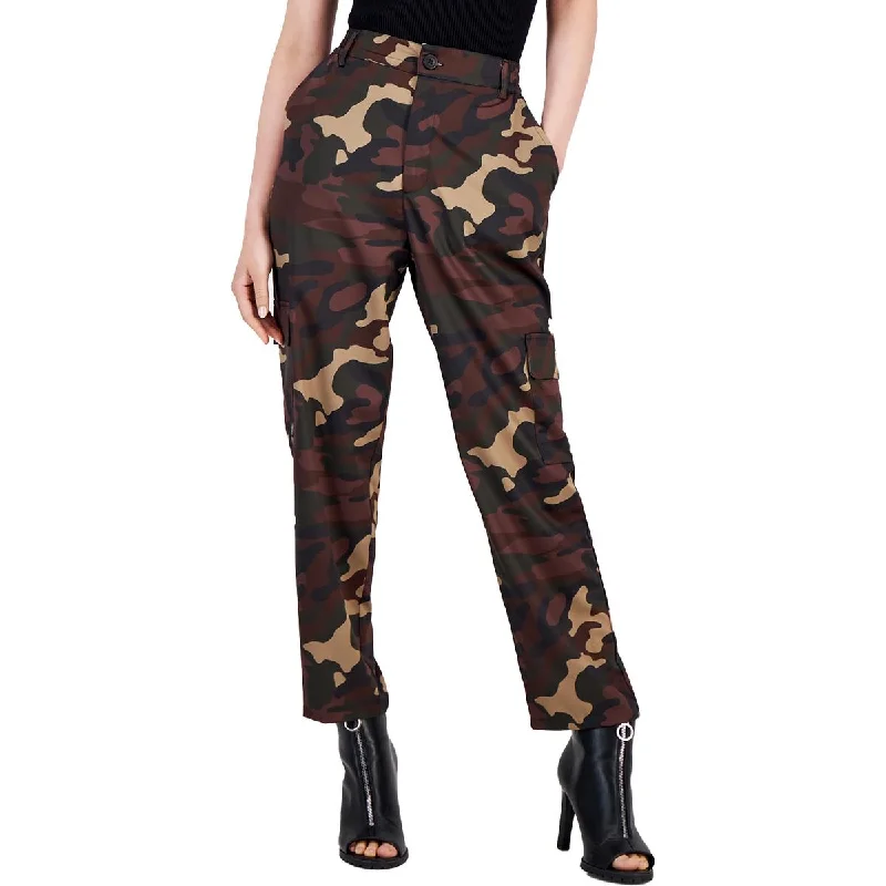 Bar III Womens Satin Mid Rise Cargo Pants Classic Flared Pants