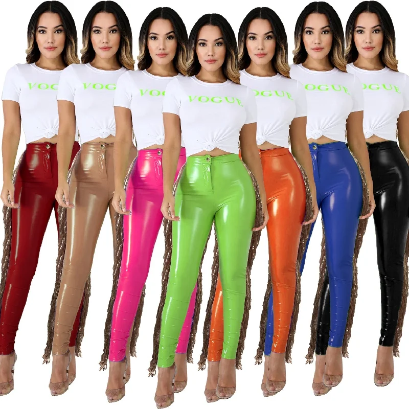 OUDINA Women's Fashion Pants With Tassels Stretch Tight PU Leather Sequined Fringed Pants For Ladies Fashionable Button-Up Pants