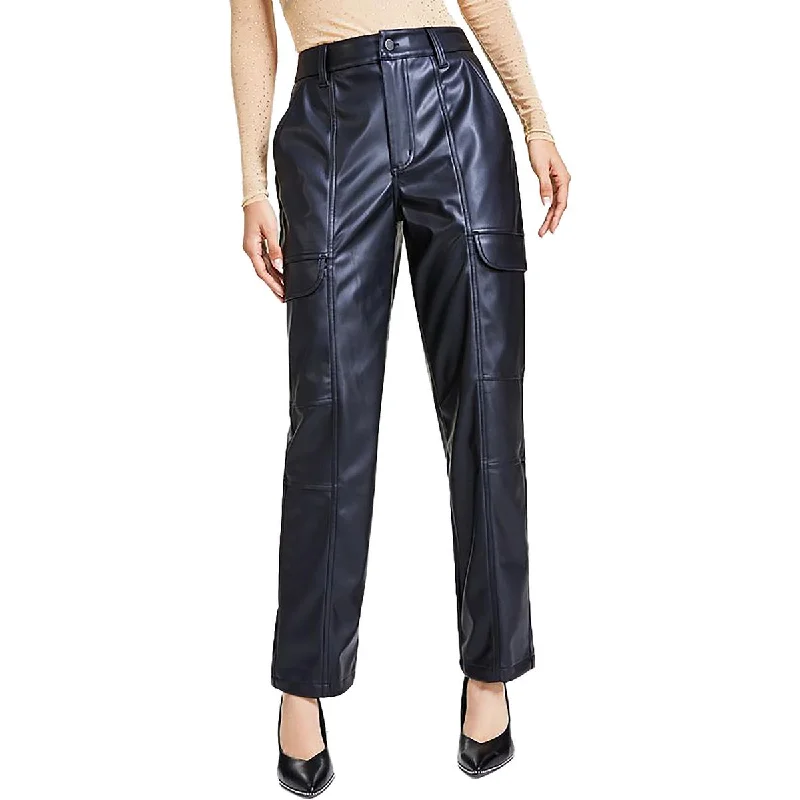 Bar III Womens Petites High Rise Faux Leather Cargo Pants Chic Capri Pants