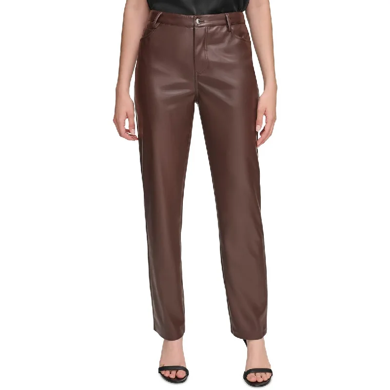 Calvin Klein Womens Faux Leather High Rise Straight Leg Pants Classic Bootcut Trousers