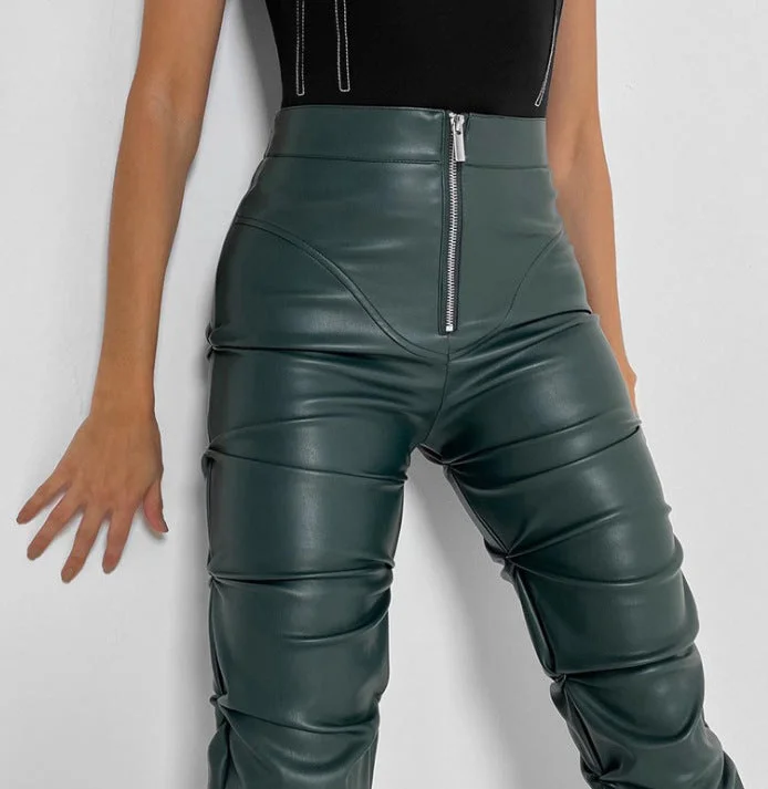 2022 Ins Trendy New High Waist Stacked PU Leather Pants Black Street Motor Fashion Women Stacked Pants Comfortable Fleece Pants