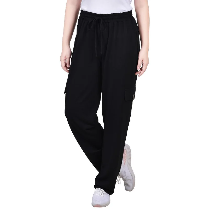 NY Collection Womens Petites High Rise Straight Leg Cargo Pants Fashionable Button-Up Pants