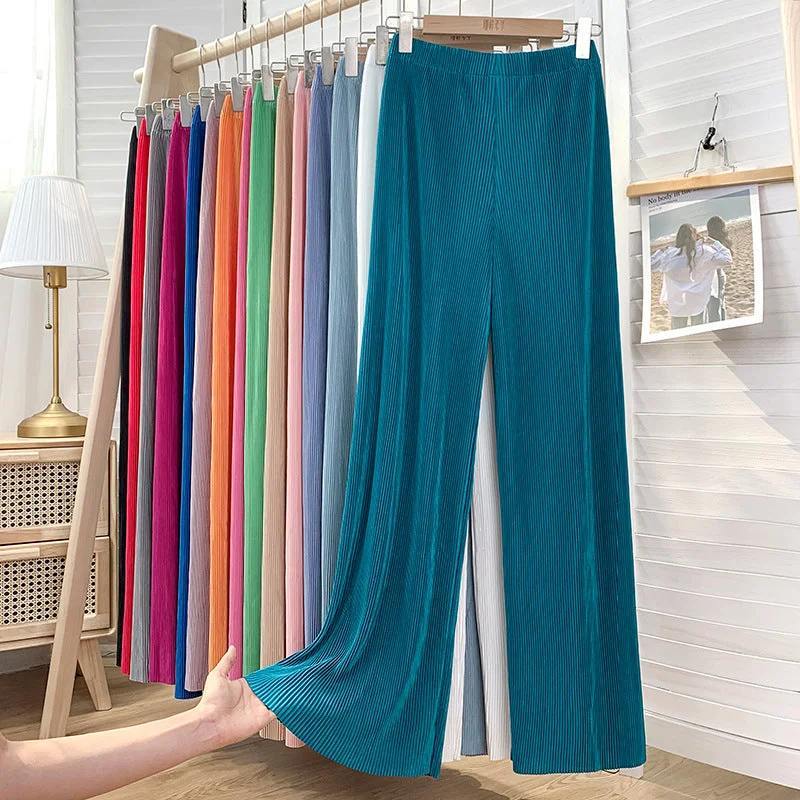 Factory direct sales High waist skinny ice silk pleated wide leg pants Chiffon Casual Pants Comfortable Cargo Pants