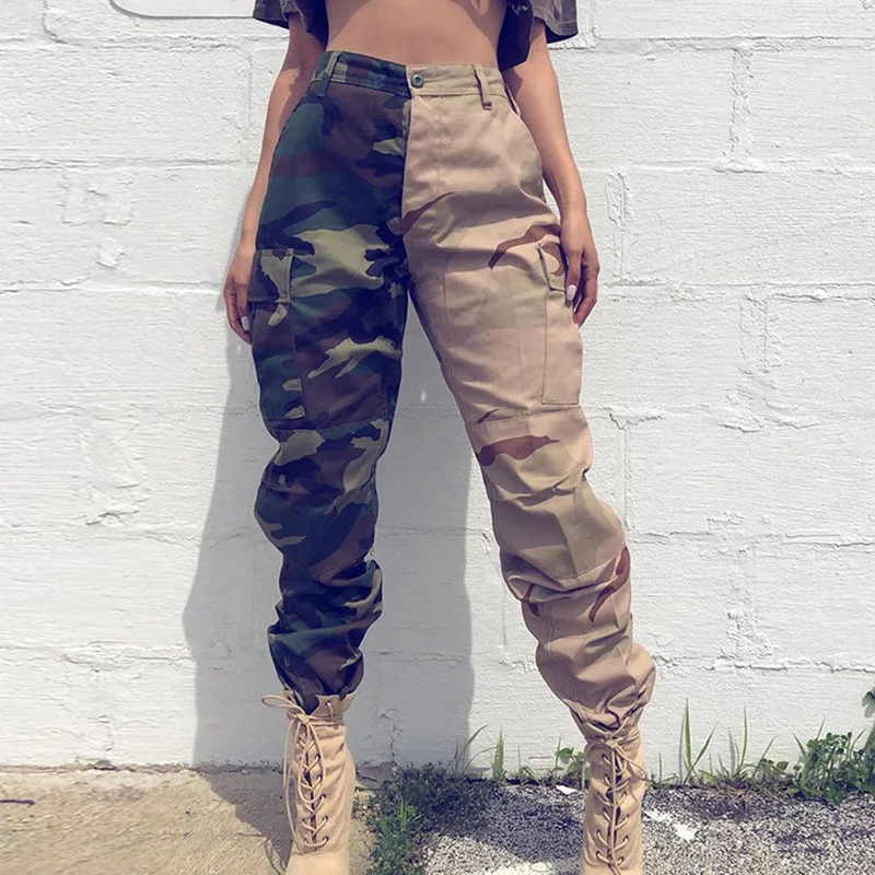 New High-Waisted Breathable Camo Patchwork Jogger Pants Women Army Color Pockets Baggy Cargo Pants Relaxed Linen Pants