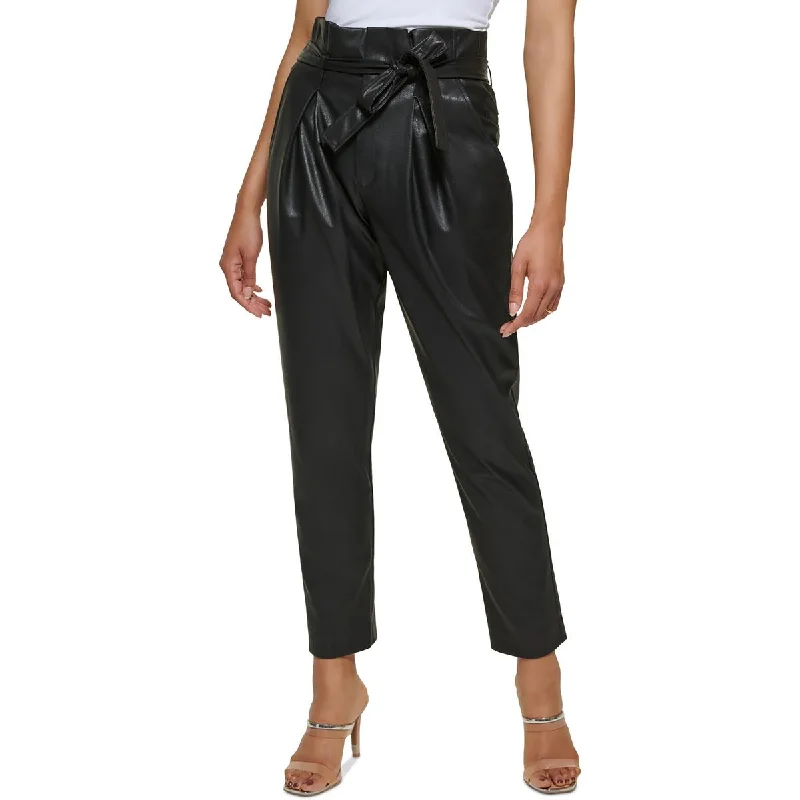 DKNY Womens Faux-Leather High-Rise Ankle Pants Comfy Zip-Up Pants