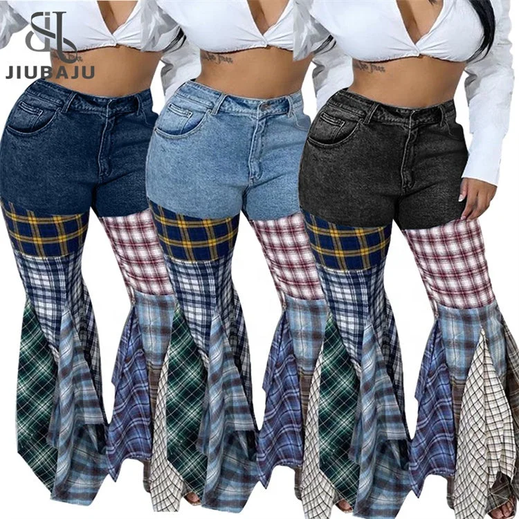 Denim Pants For Women 2023 Patchwork Low Waist Flares Pants Casual Fashion Plaid Print Baggy Pants Soft Wool Pants