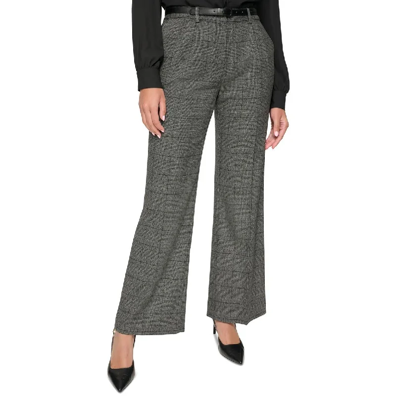 Calvin Klein Womens High Rise Glen Plaid Wide Leg Pants Trendy Palazzo Pants