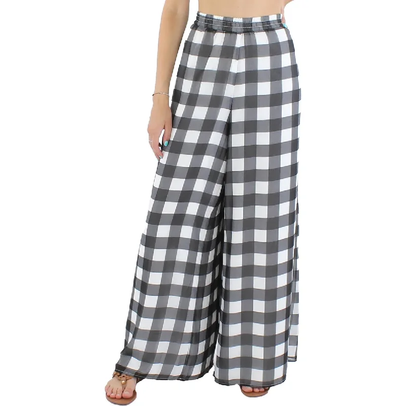 Riley & Rae Womens Chiffon Check Print Wide Leg Pants Soft Stretch Pants