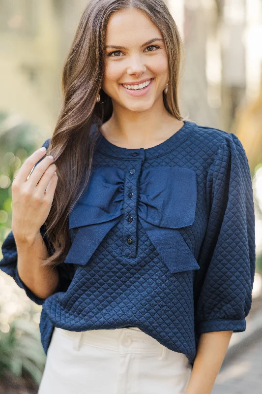 All That You Know Navy Blue Textured Blouse Pastel Color Blouse