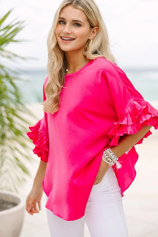 All The Frills Hot Pink Ruffled Blouse Sleeveless Summer Blouse