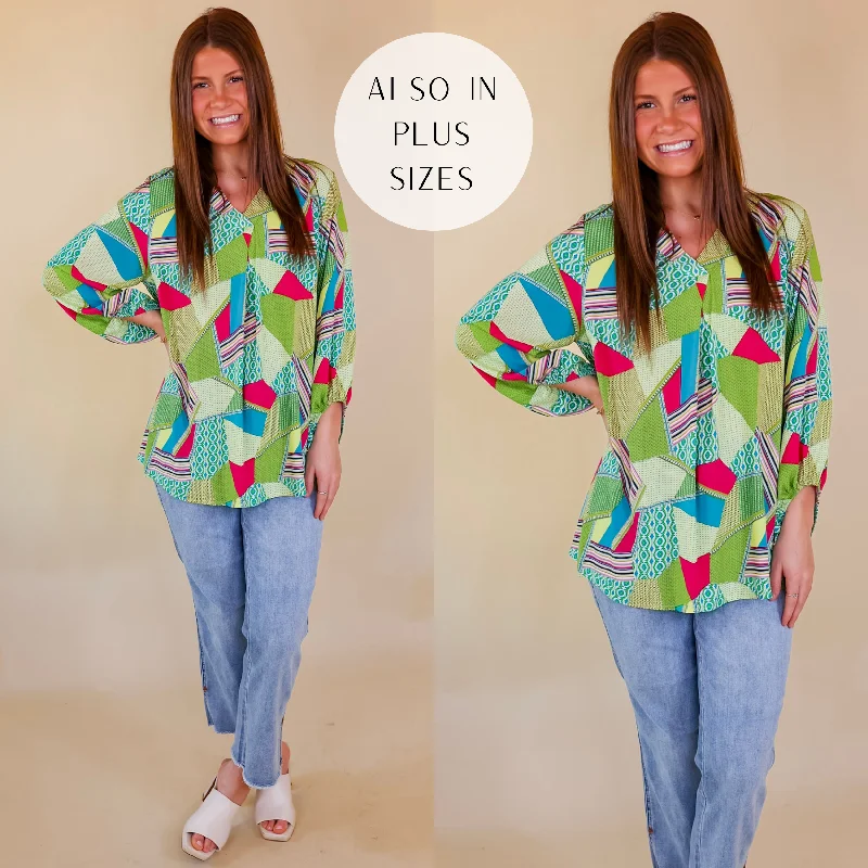 Eyes On Paradise Mix Patch Print Blouse with 3/4 Sleeves in Green Mix Balloon Sleeve Blouse