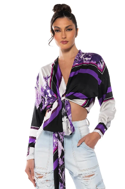 COLORFUL TIE FRONT SATIN BLOUSE Feminine Satin Blouse