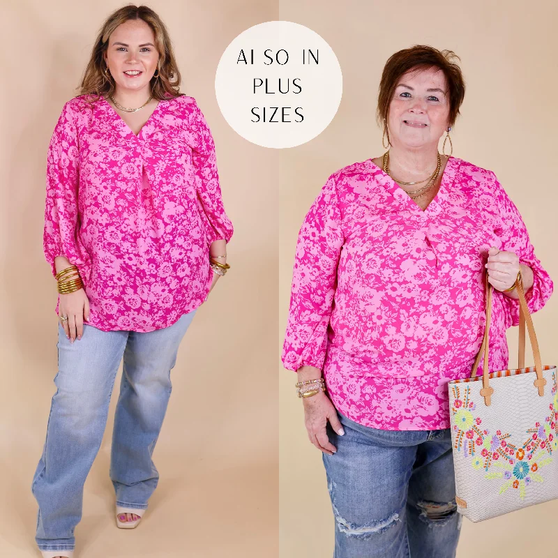 Eyes On Paradise Floral Print Blouse with 3/4 Sleeves in Pink Satin Bow Blouse