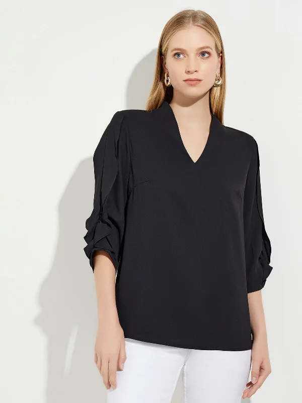 Gathered Tulip Sleeve Crepe de Chine Blouse Semi-Sheer Blouse