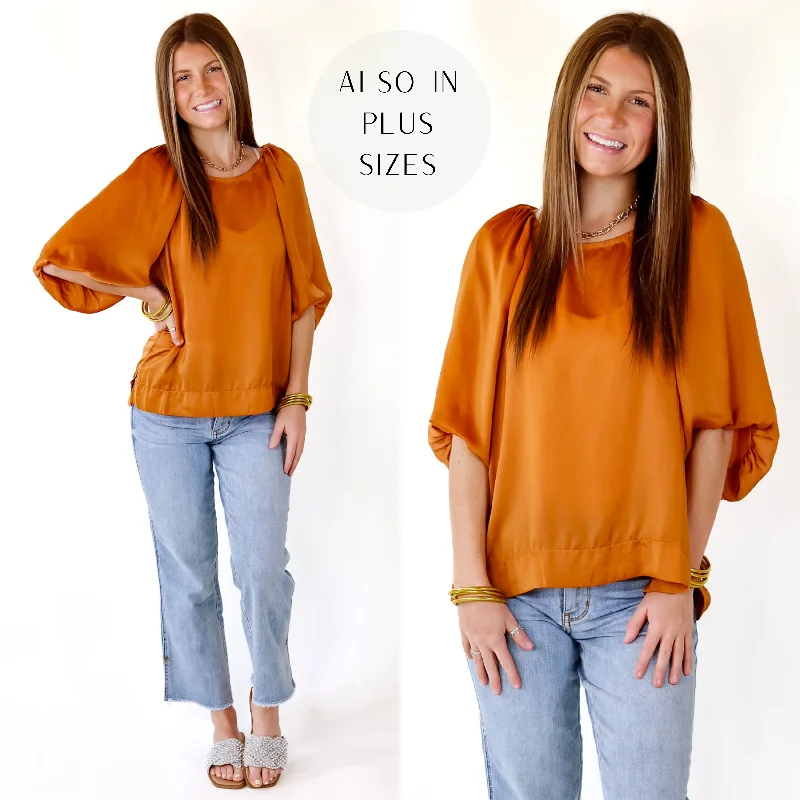 Flash A Smile Half Balloon Sleeve Satin Blouse in Burnt Orange Pleated Collar Blouse