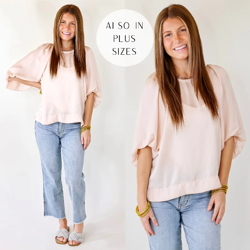 Flash A Smile Half Balloon Sleeve Satin Blouse in Champagne Chic Off-Shoulder Blouse