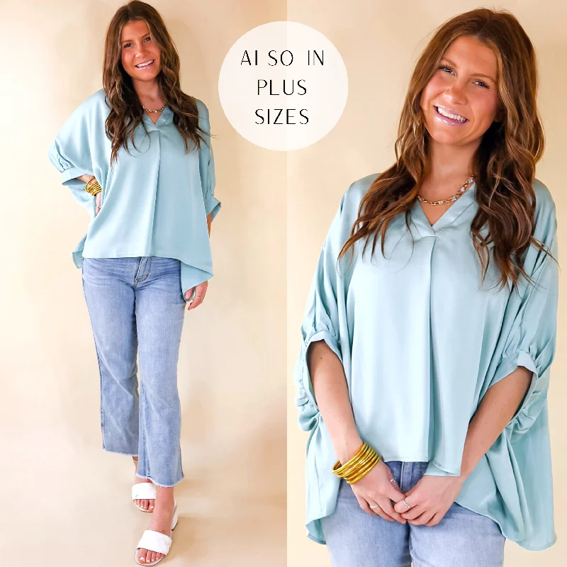 Irresistibly Chic Half Sleeve Oversized Blouse in Mint Blue Stretchy Fitted Blouse