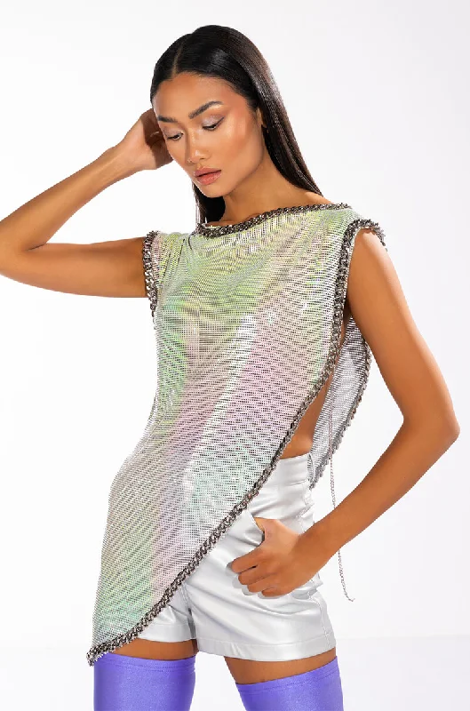 ICY SHORT SLEEVE ASYMMETRICAL CHAINMAIL BLOUSE Sleeveless Summer Blouse