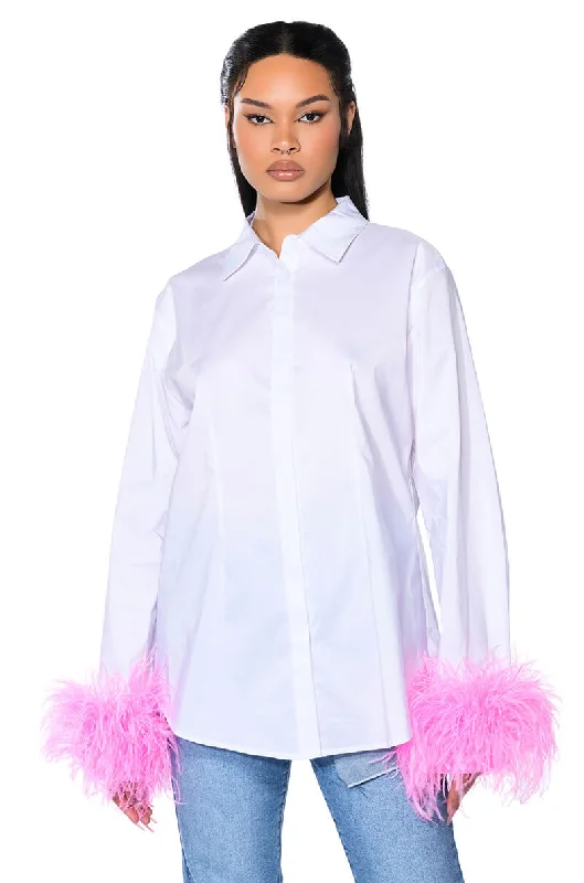 IM A FLIRT OSTRICH FEATHER BUTTON DOWN BLOUSE Elegant Peplum Blouse