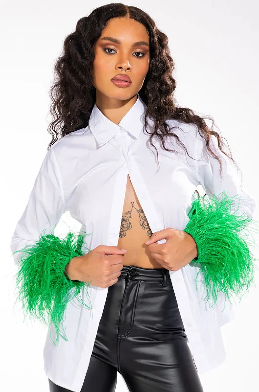 IM A FLIRT OSTRICH FEATHER BUTTON DOWN BLOUSE Chic Off-Shoulder Blouse