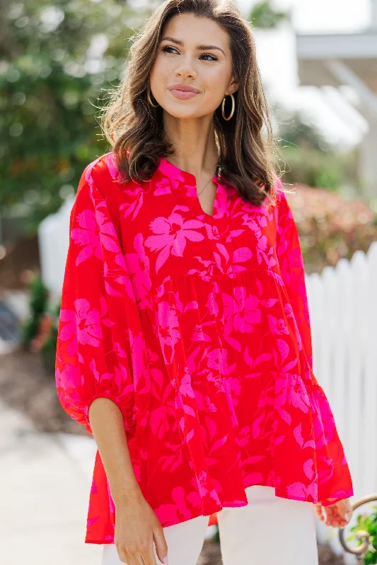 In Your Dreams Red Floral Blouse Satin Long Blouse