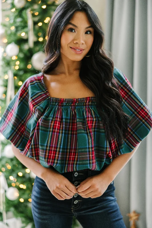 In Your Heart Emerald Green Tartan Plaid Blouse Satin Long Blouse