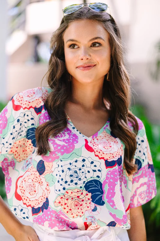 Just Say So Ivory White Floral Blouse Asymmetric Hem Blouse