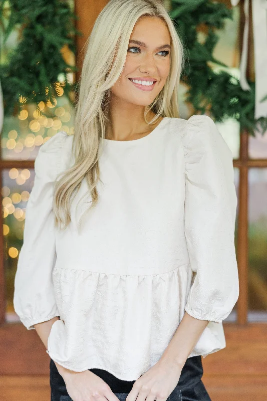 Look At You Cream Textured Blouse Off-Shoulder Wrap Blouse