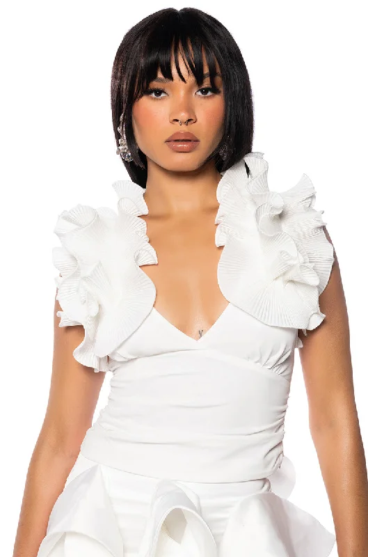 MAIN CHARACTER ENERGY RUFFLED BLOUSE IN WHITE Elegant Peplum Blouse