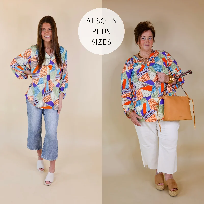 Eyes On Paradise Mix Patch Print Blouse with 3/4 Sleeves in Orange and Blue Mix Silky Tunic Blouse