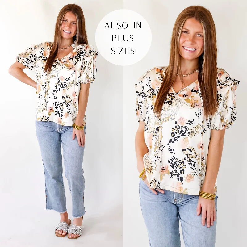 One And Only Mix Print Satin Blouse with Keyhole Front in Ivory Vintage Lace Blouse