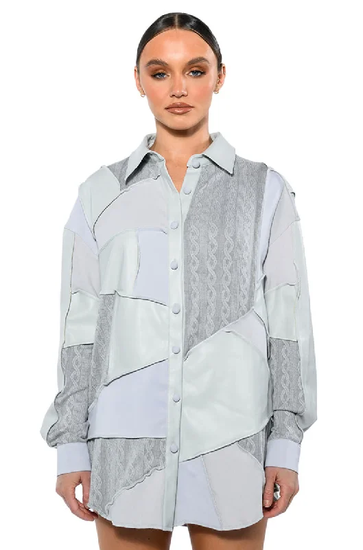 MULTI GREY PATCHWORK BUTTON DOWN BLOUSE Ruched Sleeve Blouse