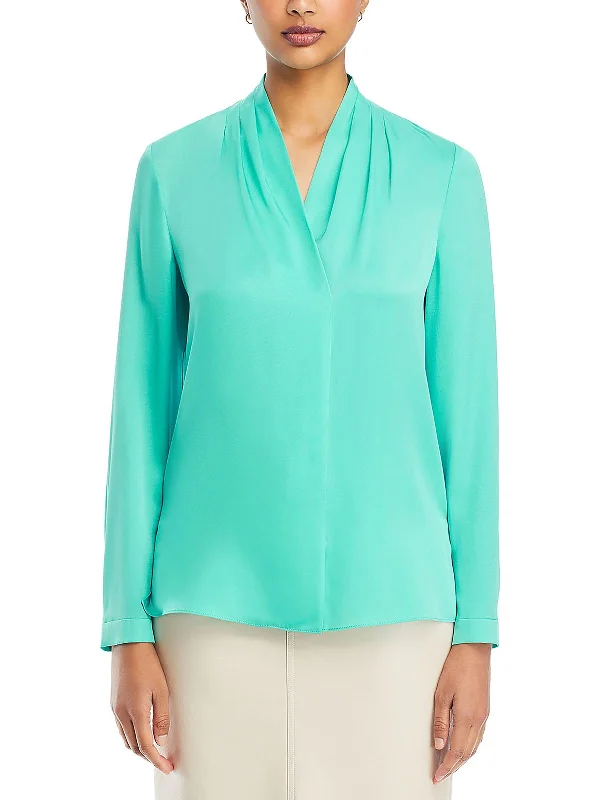 Nellie Womens Silk Surplice Blouse Satin Drape Blouse