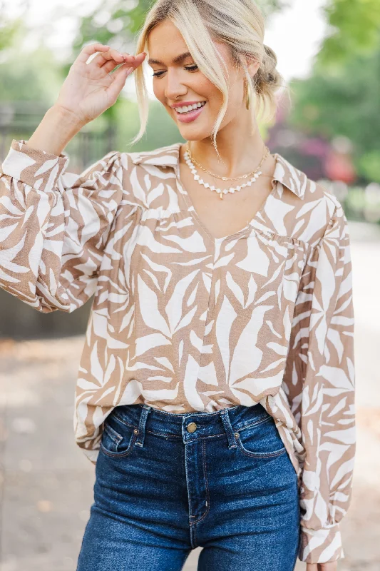 Never Alone Taupe Abstract Blouse Puff Sleeve Blouse