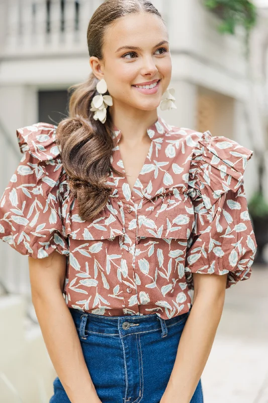 Never Miss Brown Floral Blouse Feminine Tie Blouse