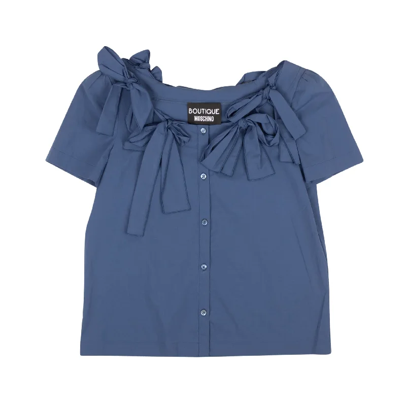 NWT BOUTIQUE MOSCHINO Blue Bow Accented Short Sleeve Blouse Romantic Lace Blouse