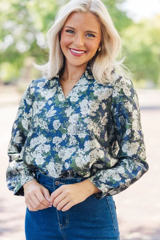 On Your Mind Navy Blue Floral Brocade Blouse Airy Cotton Blouse