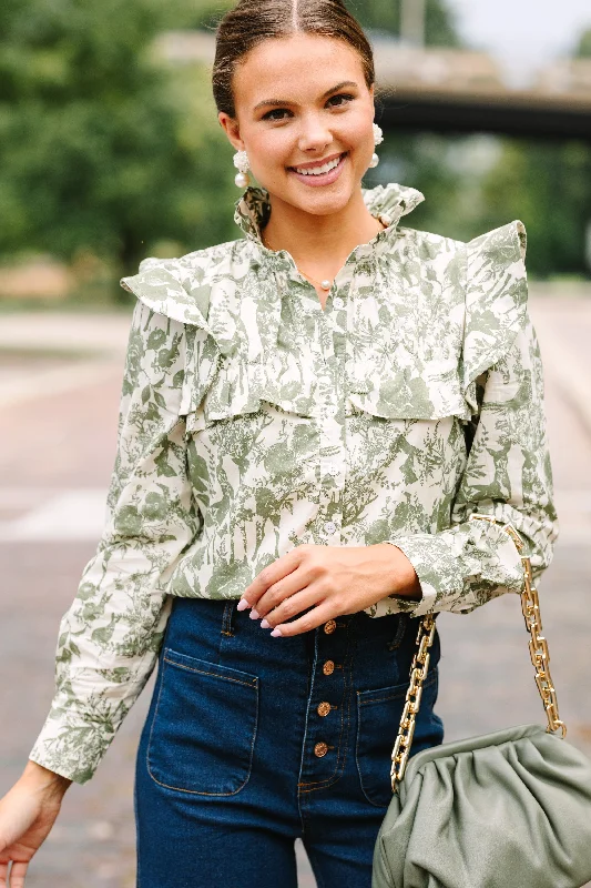 On Your Time Olive Green Toile Button Down Blouse Casual Button Blouse