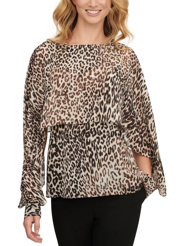 Petites Womens Metallic Animal Print Blouse Textured Cotton Blouse