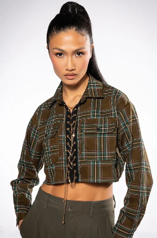 PLAID ROMANCE CHAIN LACE UP CROPPED BLOUSE Feminine Ruffle Blouse