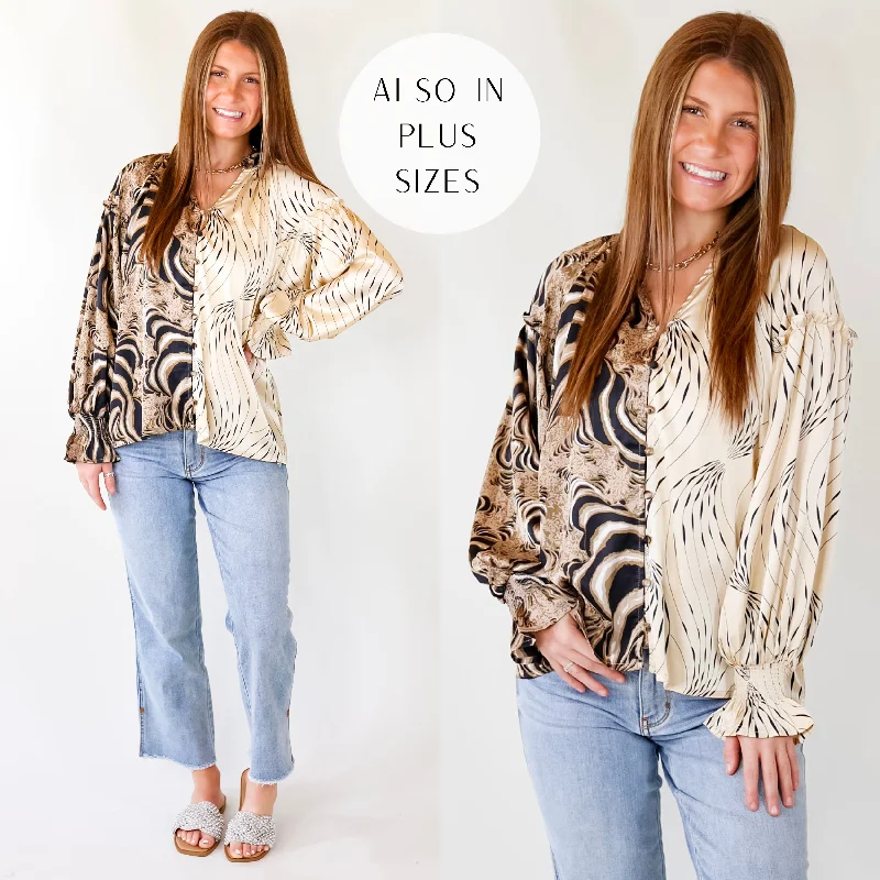 Play It Up Swirl Mix Print Satin Button Up Blouse in Ivory, Black, Tan Mix Chic Wrap Blouse