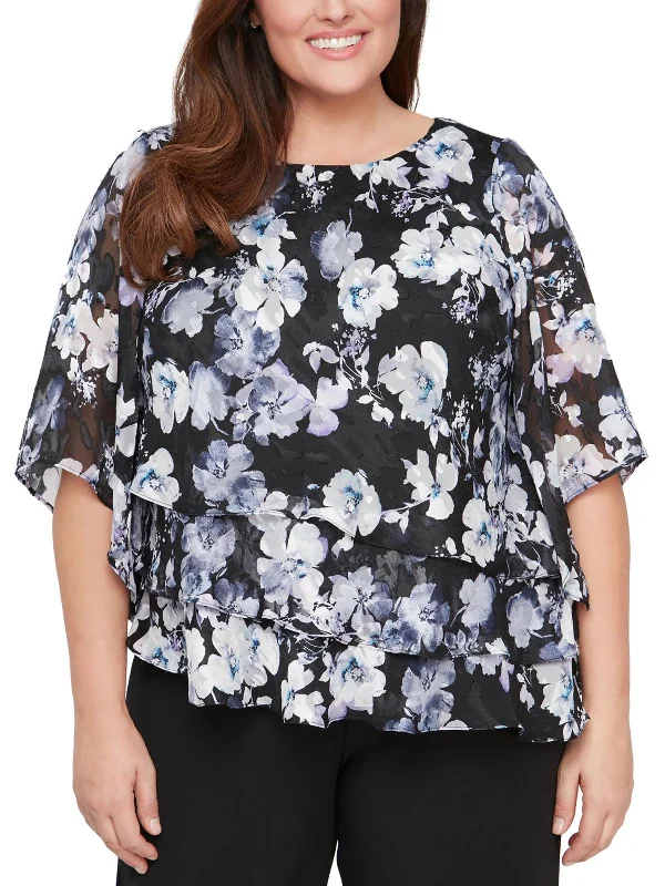 Plus Womens Tiered Floral Print Blouse Double-Layered Blouse