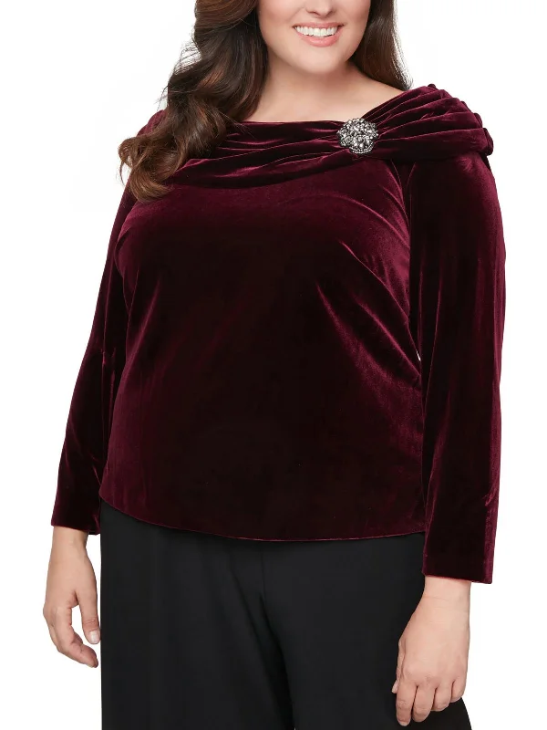 Plus Womens Velvet Ruched Blouse Ruched Sleeve Blouse