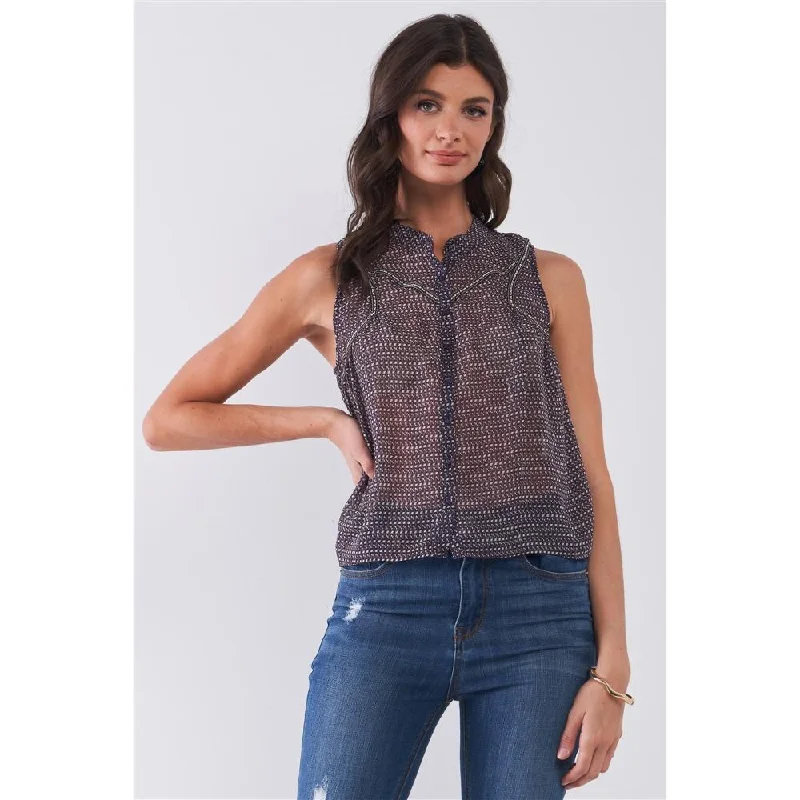 Purple & Multi Sleeveless Mock Neck Front Button Down Sheer Blouse Top Playful Puff Blouse