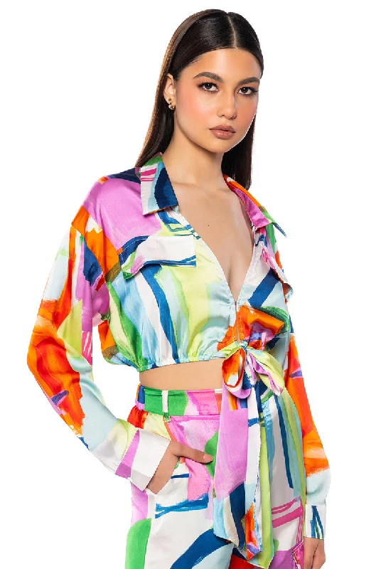 QUINN ABSTRACT PRINTED SATIN TIE FRONT BLOUSE Double Button Blouse