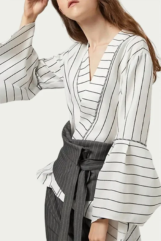 Ronnie Pinstripe Wrap Blouse In White/grey Elegant Embroidery Blouse