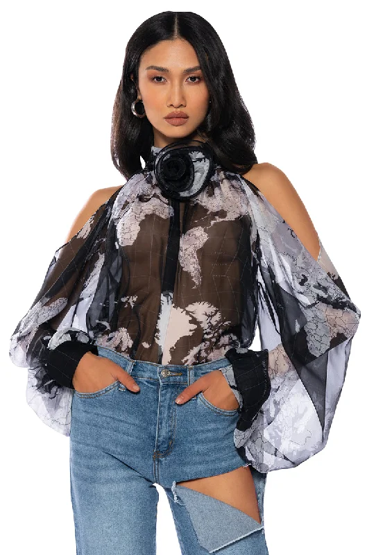 SADIE SEE THROUGH MESH PRINT BLOUSE Floral Print Blouse