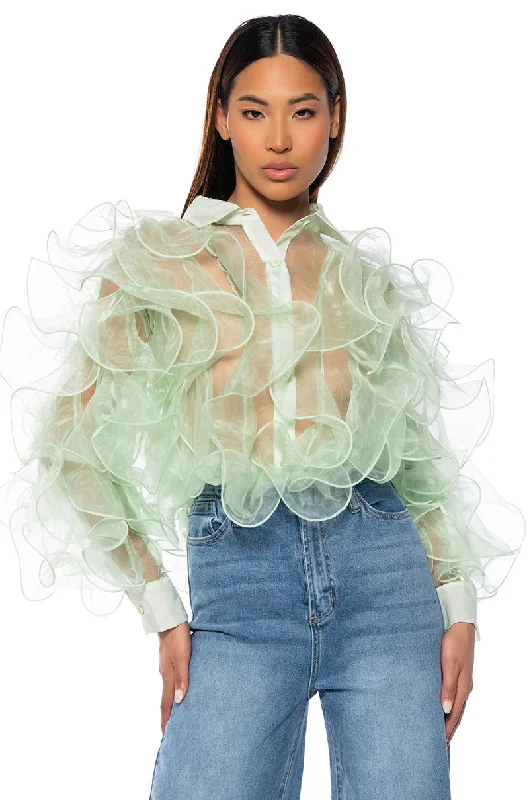 SEE THE GLOW RUFFLE SHEER BLOUSE IN GREEN Embroidered Floral Blouse