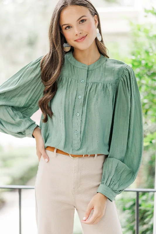 Show It Off Olive Green Button Down Blouse Frilled Cuff Blouse