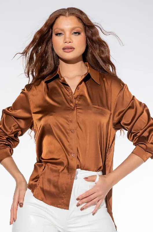 SILKY SMOOTH BUTTON DOWN BLOUSE BROWN Satin Bow Blouse